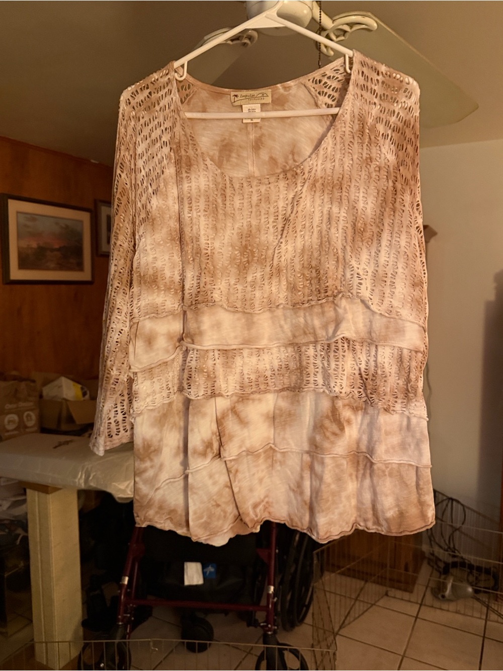 Women's Beige Tie-Dye Tiered Long-Sleeve Tunic